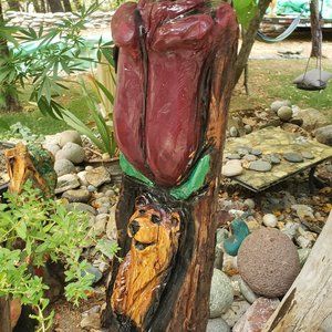 Rose and Bear Wood Carving